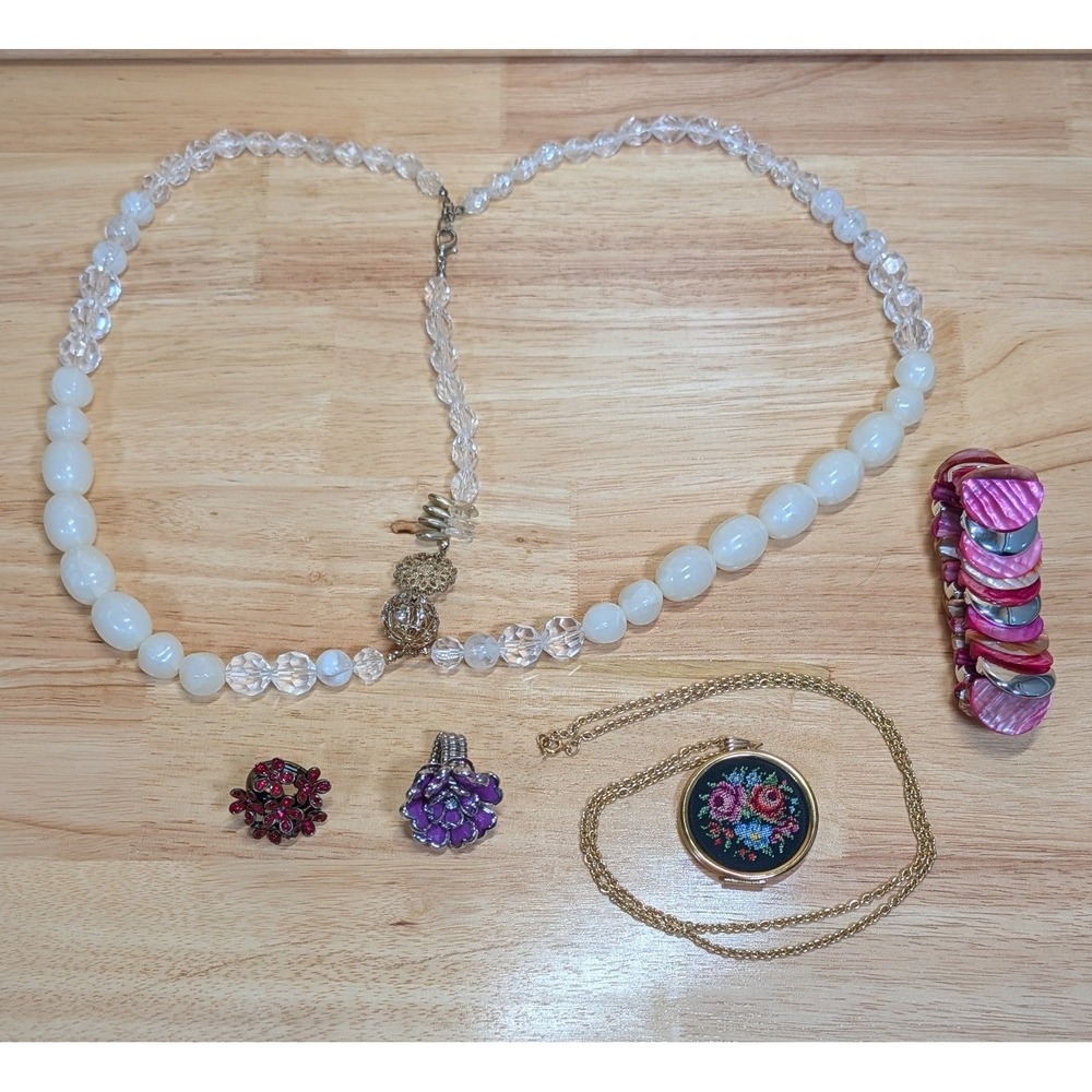 Vintage Jewelry Lot Avon Floral Locket Beaded Necklace Shell Bracelet Rings